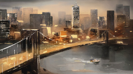oil painting on canvas - view of New York, river and bridge. modern abstract Artwork, Painting American city, urban illustration - 418040818