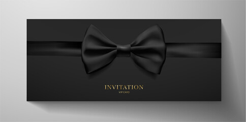 Premium VIP Invitation template with with black tie (bow butterfly) on background. Luxury design for event invite, formal reception, Gift certificate, Voucher or Gift card - obrazy, fototapety, plakaty