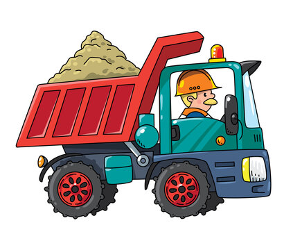 Construction worker in a dump truck Vector cartoon