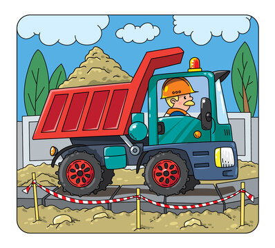 Construction worker in a dump truck vector cartoon