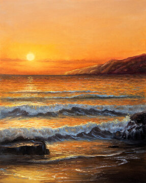 Original  oil painting of beautiful golden sunset over ocean beach on canvas.Modern Impressionism, modernism,marinism.