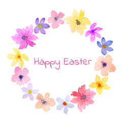 Wreath of cute watercolor flowers and the inscription Happy Easter isolated on a white background. Happy Easter greeting card, cute spring card with flowers.
