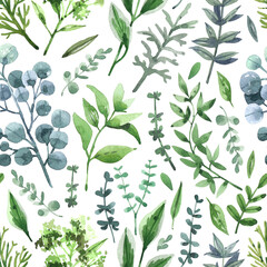 Seamless leafy pattern with green leaves, herbs and branches - watercolor painted elements. Watercolor natural background with delicate spring leaves. Greens, freshness texture