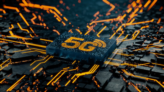 Wireless Technology Concept with 5G symbol on a Microchip. Data flows from the CPU across a Futuristic Motherboard. 3D render.