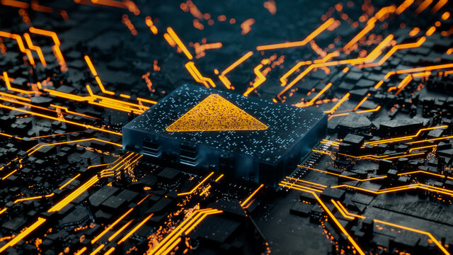 Media Technology Concept with play symbol on a Microchip. Data flows from the CPU across a Futuristic Motherboard. 3D render.