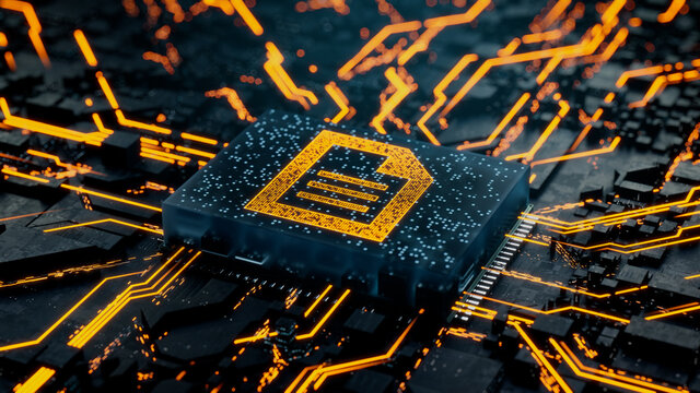 Word document Technology Concept with document symbol on a Microchip. Data flows from the CPU across a Futuristic Motherboard. 3D render.