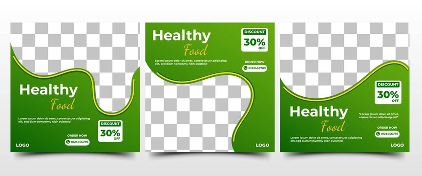 Social media post template design set for healthy food promotion. Vector illustration with a photo collage. Usable for social media, flyers, banners, and web internet ads.