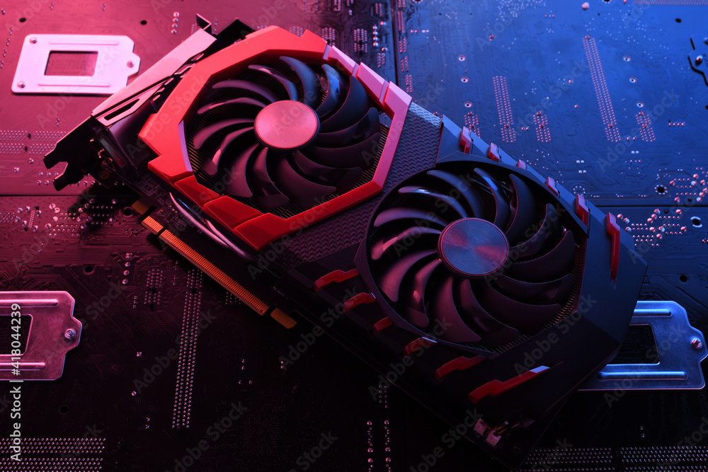 Fototapete computer game graphics card, videocard with two coolers on circuit board ,motherboard background. cl