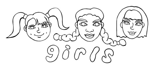 Vector outline face people. Hand drawn line art illustration. Heads of a girls, women in the style of a Doodle, isolated on a white background. Different and beautiful
