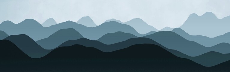 cute panoramic image of mountains peaks in the fog digital drawn backdrop illustration