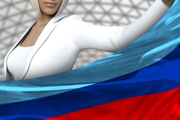 Fototapeta na wymiar pretty business woman holds Luhansk Peoples Republic flag in front on the modern architecture background - flag concept 3d illustration