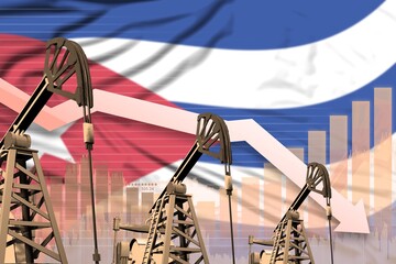 lowering down chart on Cuba flag background - industrial illustration of Cuba oil industry or market concept. 3D Illustration