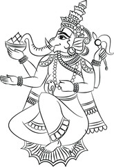 Illustration of Lord Ganpati/Ganesha drawn in Pinguli folk art style of Maharashtra India. for textile printing, logo, wallpaper