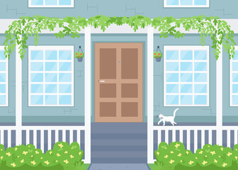 Home exterior flat color vector illustration. Suburban residence. Spring, summer season. Cat on porch. House entrance with patio 2D cartoon scene with door and windows on background
