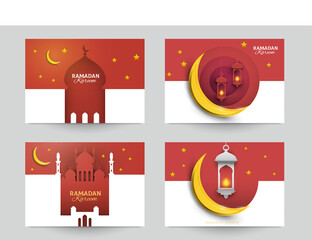 Naklejka premium Ramadan kareem islamic beautiful design template. Minimal composition in paper cut style. Set holiday background for branding greeting card, banner, cover, flyer or poster. Vector illustration.