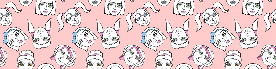 Seamless pattern with cartoon face vector people. Hand drawn illustration. Color head of women, girls. Texture backdrop