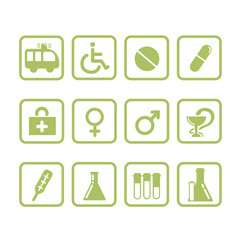 A set of vector medical icons, simple pictures, flat, trendy gentle, trendy green. Signs for doctors about health, medical assistance, rehabilitation, ambulance, hospital. Isolated shape