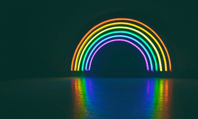 The led neon rainbow shines in the dark room