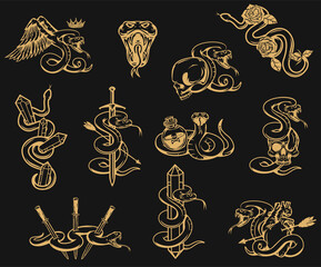 Set of hand drawn monochrome concept with poison snakes in vintage style. Design art composition for tattoo, print. Retro vector illustration isolated on black background.
