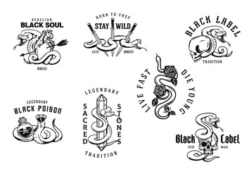 Set of hand drawn monochrome concept with poison snakes in vintage style. Design art composition for tattoo, print. Retro vector illustration isolated on white background.