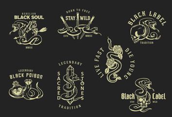 Set of hand drawn monochrome concept with poison snakes in vintage style. Design art composition for tattoo, print. Retro vector illustration isolated on black background.