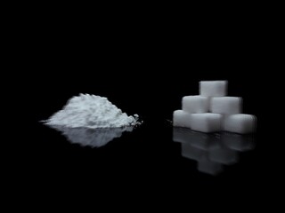 Cocaine drug powder pile and ump sugar cubes on black background, sugar is more addictive than...