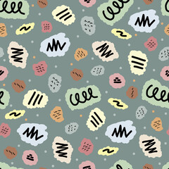 Seamless multicolored patterns on a gray background. Black zigzags, lines, spirals, dots. Memphis style design for sportswear, youth goods, fabrics, scrapbooking, packaging, textiles, poster