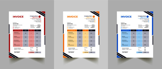 Invoice minimal design template. Bill form business invoice accounting. Modern and creative corporate business invoice template | Company business invoice template with color variation bundle