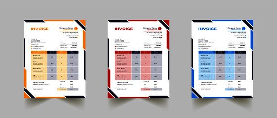 Invoice minimal design template. Bill form business invoice accounting. Modern and creative corporate business invoice template | Company business invoice template with color variation bundle