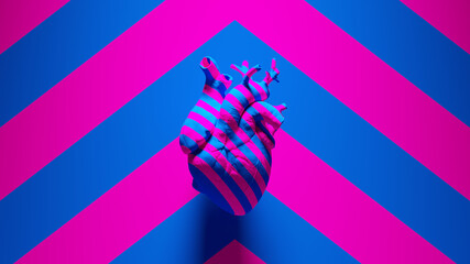 Blue Pink Anatomical Human Heart with Pink an Blue Chevron Background 3d illustration render	
