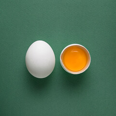 White egg, yolk on green pastel background. Minimal concept.