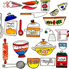 pattern consisting of different kitchen tools and ingredients