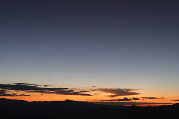 Heaven at early morning with copy space. Sunset, sunrise backdrop.Predawn clear sky with orange horizon and blue atmosphere. Smooth orange blue gradient of dawn sky.
