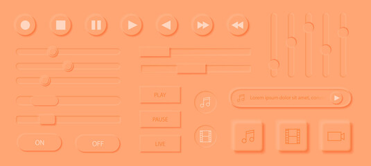 Neumorphism media player interface elements set. Modern web or mobile app design. Audio or video player app. Volume control buttons and knobs. Minimal style neumorphism. Neumorphic UI UX interface.