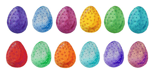 Watercolor illustration of Happy Easter. A set, a collection of watercolor eggs on a white background for the spring holiday. Happy Easter Eggs.