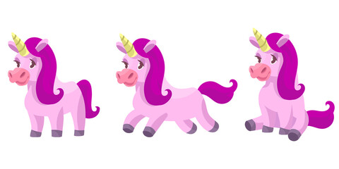 Unicorn in different poses. Fairytale character in cartoon style.