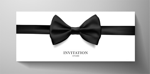 Premium VIP Invitation template with with black tie (bow butterfly) on white background. Luxury design for event invite, formal reception, Gift certificate, Voucher or Gift card