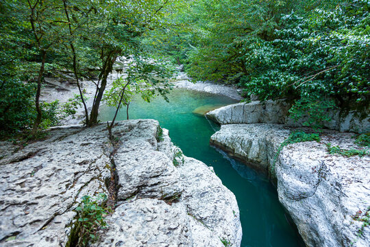 White cliffs and mountain crystal clear, shallow river in a wild place in the mountains in summer in a dense forest in summer