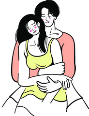 cute and happy couple is having romantic date, boy is hugging, girl is blushing 