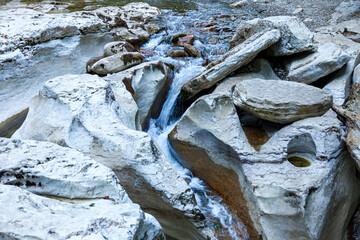 White cliffs and mountain crystal clear, shallow river in a wild place in the mountains in summer in a dense forest in summer