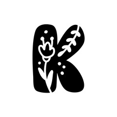Vintage floral bold Letter K Logo spring. Classic K Summer Letter Design Vector with Black Color and Floral Hand Drawn with monoline pattern