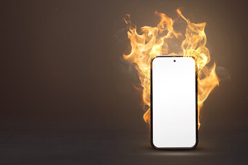 Blank smartphone on fire with copy space