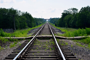 Railroad in the summer in the countryside. Rails and sleepers. Road for freight and passenger trains.
