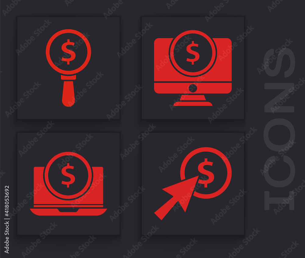 Poster set cursor and coin, magnifying glass and dollar, computer monitor with dollar and laptop with dolla