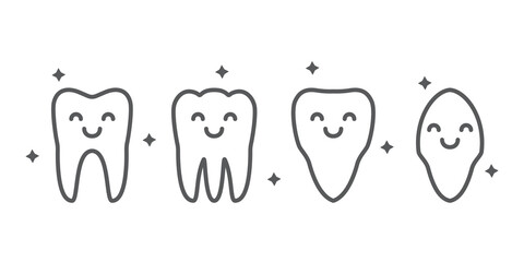 Set teeth happy faces characters simple contour line healthy tooth sign icon vector illustration.
