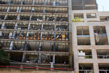 explosion damage on building facades in downtown Beirut after a massive explosion in August 2020