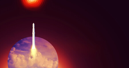 Spacecraft takes off into space. Rocket flies to Mars. Red planet Mars in space