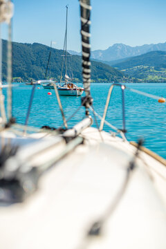 View from boat deck of sailing boats on Attersee, Salzkammergut, Upper Austria, Austria