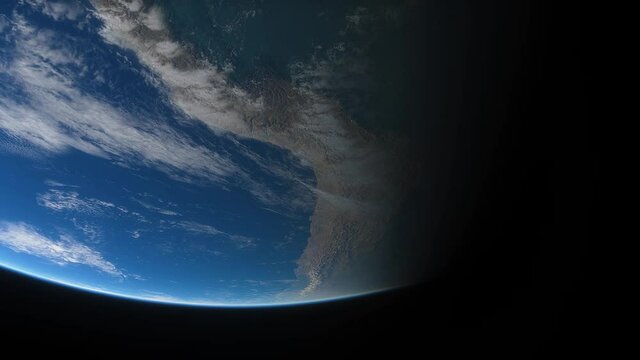 Spaceship flies over the planet Earth. Cinematic shot of Amazon jungle view from space. View Of Planet Earth From Space. 3d animation