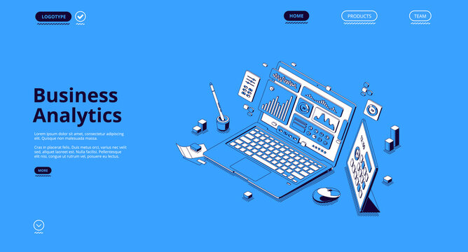 Business Analytics Isometric Landing Page. Financial Marketing, Online Trading And Investment, Automation. Laptop With Digital Analysis Data Charts, Statistics Diagrams, 3d Vector Line Art Web Banner